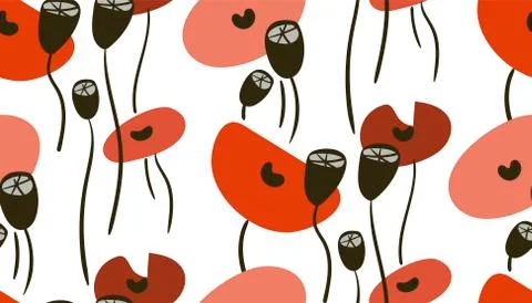 Poppies abstract seamless pattern vector floral design primitive scandinavian Stock Illustration