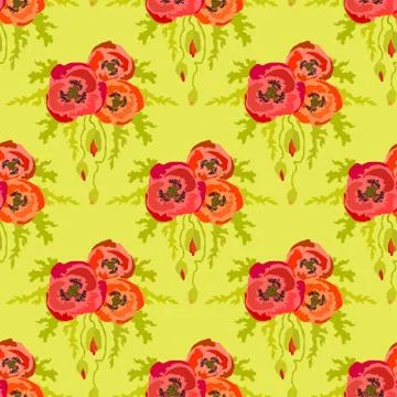 Poppies on green background. Seamless pattern. Hand drawn line Stock Illustration