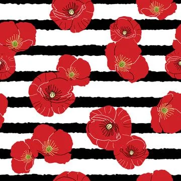 Poppies seamless pattern on black stripes Stock Illustration