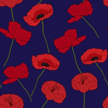 Poppies seamless pattern on dark blue background Stock Illustration