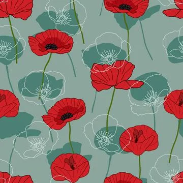 Poppies seamless pattern on green background with silhouettes Stock Illustration