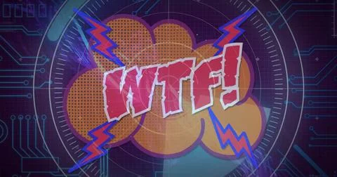 Popping up explosion cloud on screen, with WTF text, halftone dots, lightning Stock Photos