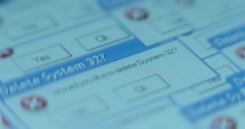 Popping up windows with question message Delete System 32 Stock Footage 322616836