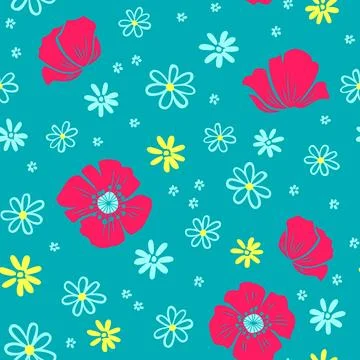 Poppy and daisy seamless pattern on light blue background. Floral vector Stock Illustration