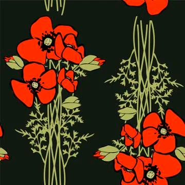 Poppy floral background seamless pattern Stock Illustration