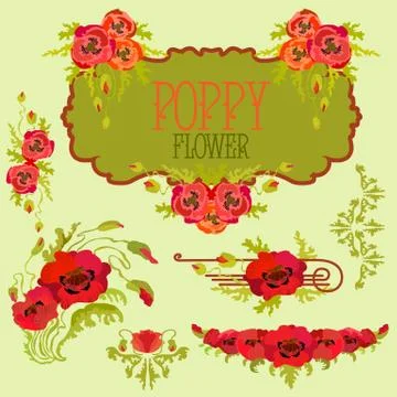 Poppy flower design elements set. Bouquets and garlands Stock Illustration