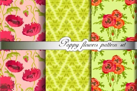 Poppy flowers pattern background set. Vector illustration. イラスト素材