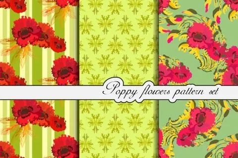 Poppy flowers pattern background set. Vector illustration. Stock Illustration