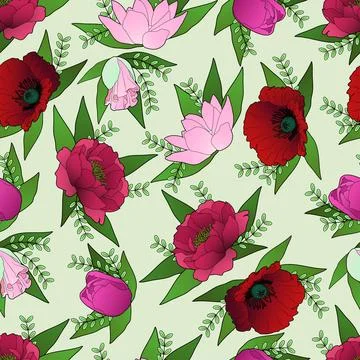 Poppy flowers seamless vector pattern Stock Illustration