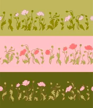 Poppy Seamless Pattern Set with 3 Stripes Stock Illustration