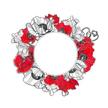 Poppy vector frame card flower circle isolated Stock Illustration