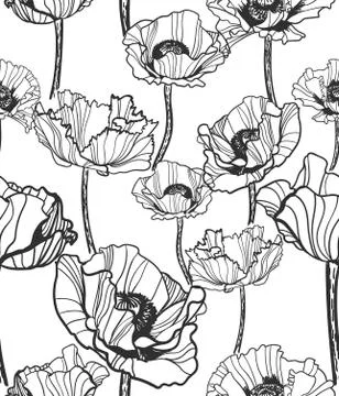 Poppy vector pattern sketch line white black red Stock Illustration