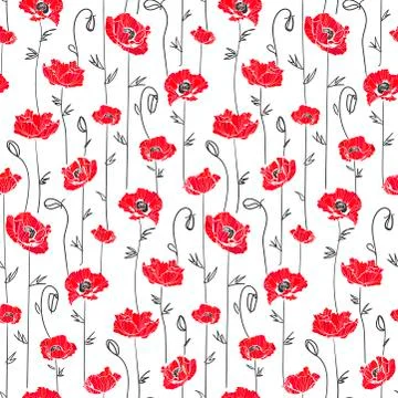 Poppy vector pattern sketch line white black red Stock Illustration