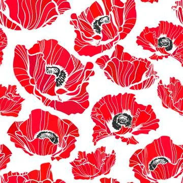 Poppy vector pattern sketch line white black red Stock Illustration