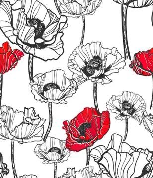Poppy vector pattern sketch line white black red Illustrazione stock