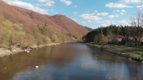 Poprad River in Beskidy Mountains in spring. Village Rytro, Poland. 库存影片 128662605