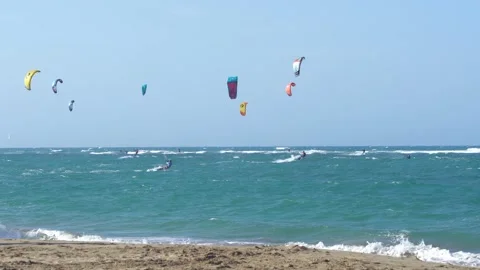Popular beach for Kiteboarding Stock Footage 153457340