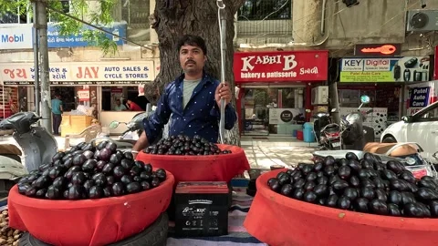 Popular fruit java plum is Reddy to sold in fruit   market in monsoon season Stock Footage 277322804