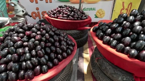 Popular fruit java plum is Reddy to sold in fruit   market in monsoon season Stock Footage 277322903