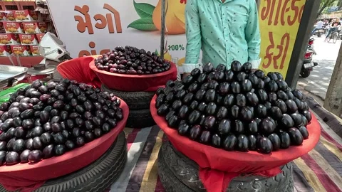 Popular fruit java plum is Reddy to sold in fruit   market in monsoon season Stock Footage 277323011
