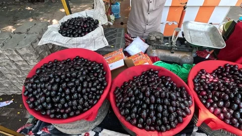 Popular fruit java plum is Reddy to sold in fruit   market in monsoon season Stock Footage 277323052