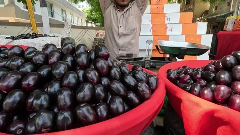 Popular fruit java plum is Reddy to sold in fruit   market in monsoon season Stock Footage 277323076
