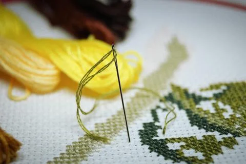 Popular hobby embroidery patterns with threads on canvas handmade horizontal mac Stock Photos