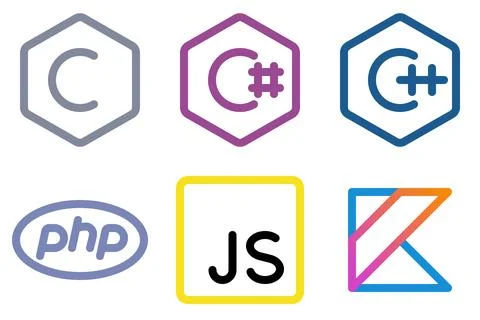 Popular programming languages logos | C, C#, C++, php, js, kotlin Illustration