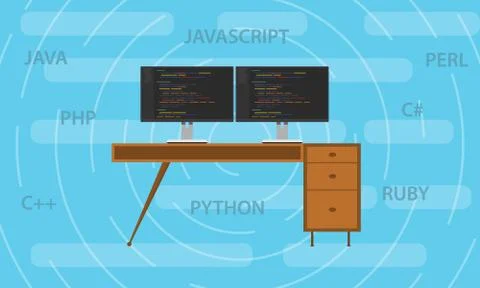 Popular programming languange in 2018 with screen code script and working desk Illustrazione stock