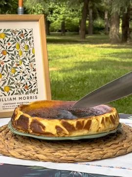 Popular Spanish cheesecake called San Sebastian cheesecake., Sliced san Stock Photos
