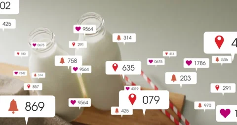 Popup icons appearing after pause around milk bottles, illustrating engagement Stock Footage 312915808
