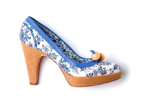 Porcelain like flowers pattern raffia platform wooden beads high heel Stock Photos