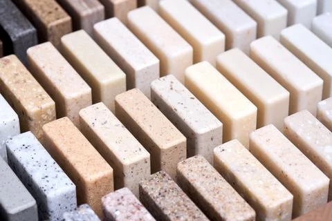 Porcelain stoneware square samples as kitchen countertop examples of future Stock Photos