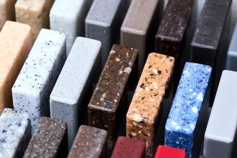 Porcelain stoneware square samples as kitchen countertop examples of future k Stock Photos