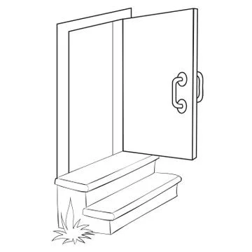 Porch with two steps and an open door, coloring, isolated object on a white Stock Illustration