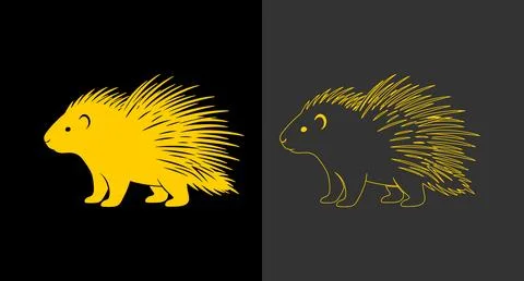 Porcupine silhouette icon as solid shape and golden line drawing with porcupi Stock Illustration