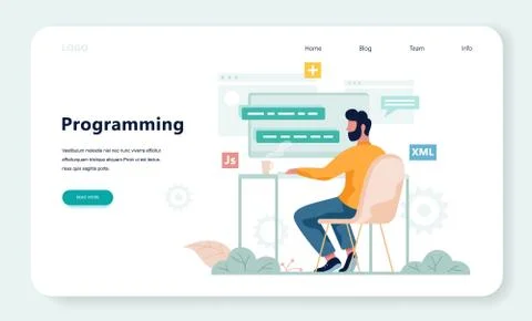 Porgrammer sitting at desk. Web developer workplace. Software programming Illustrazione stock