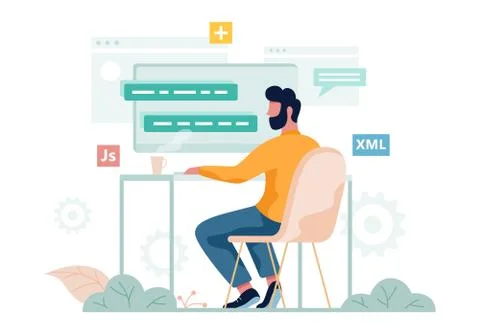 Porgrammer sitting at desk. Web developer workplace. Software programming Illustrazione stock