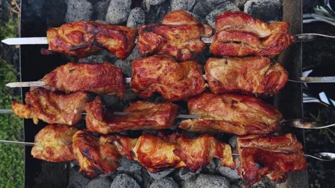 Pork barbecue on an open fire. Brush sauce onto grilled pork ribs Stock Footage 254067909