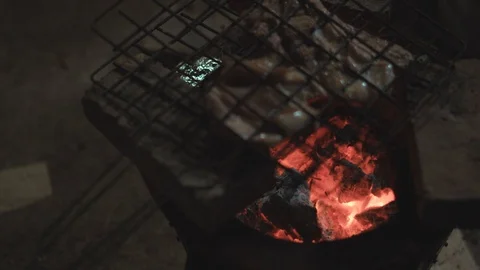 Pork barbecue over burned red hot charcoal Video stock 86513122