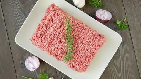 Pork beef mince on a plate. Video stock 247483937
