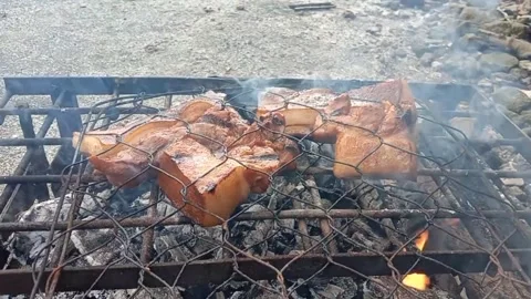 Pork is being roasted over hot coals Stock Footage 275514958