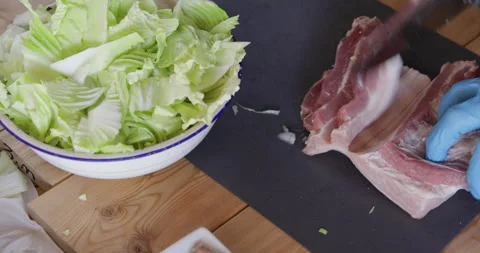 Pork belly cut onto thin slices and skinned Stock Footage 329967920