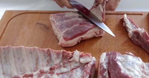 Pork belly cutting, close up Stock Footage 260542653