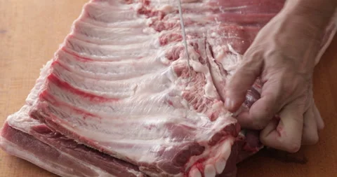 Pork belly with ribs preparing, close up Stock Footage 261892808