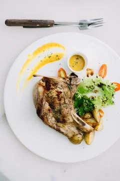 Pork chop on the table, top view, flat lay Stockfoto's