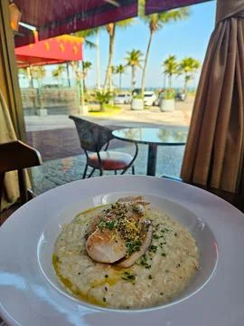 Pork dish with seaside risotto Stock Photos