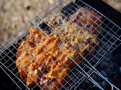 Pork on the grill. turn. BBQ Видео 74066123