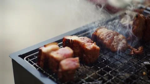 Pork grilled on roaster Stock Photos