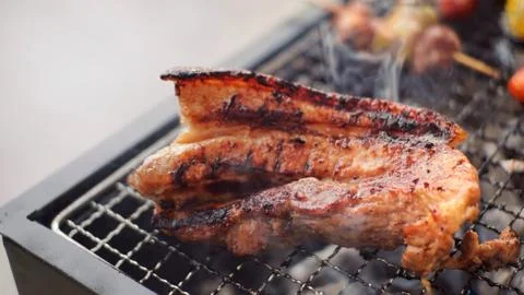 Pork grilled on roaster Stock Photos